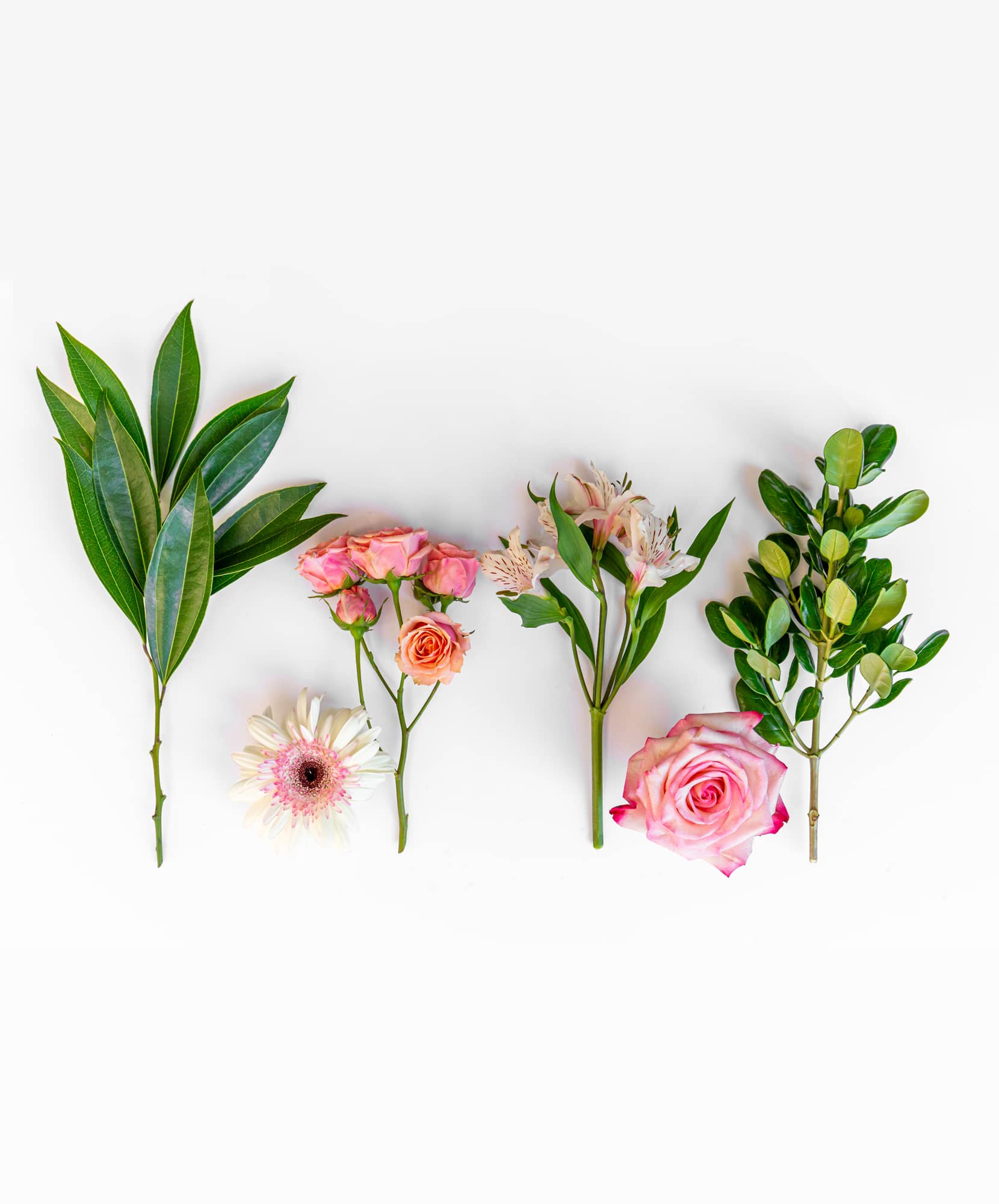 A collection of fresh flowers including pink roses and daisies, arranged artfully with greenery.