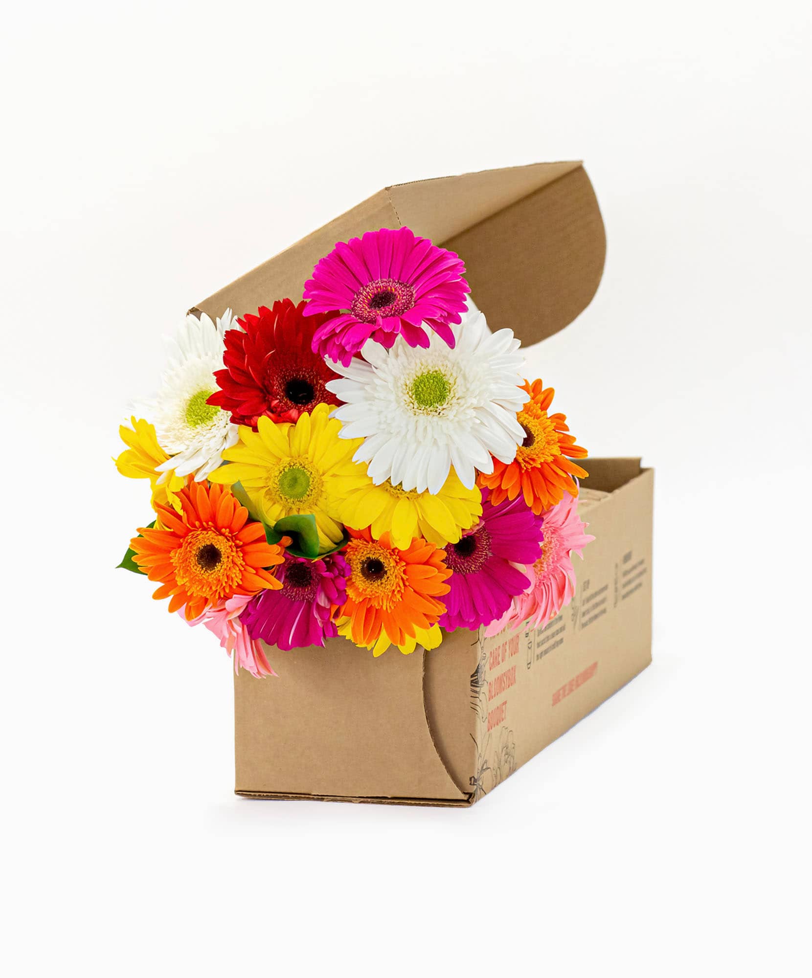Vibrant gerbera daisy bouquet in assorted colors, elegantly arranged in a cardboard box.