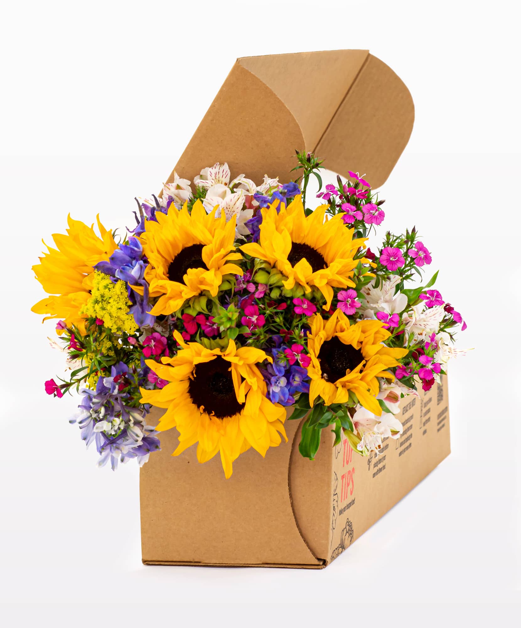 Bright sunflowers and mixed blooms in a charming bouquet, beautifully packaged for delivery.